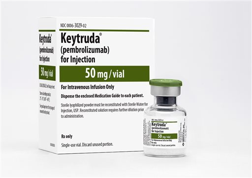 This undated product image provided by Merck & Co., Inc. shows packaging for its Keytruda cancer drug. The Food and Drug Administration on Thursday, Sept. 4, 2014 said it has granted accelerated approval to Keytruda, for treating melanoma that's spread or can't be surgically removed, in patients previously treated with another drug. (AP Photo/Merck & Co., Inc.)